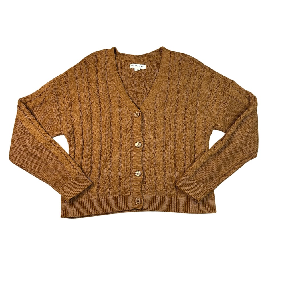 Aeropostale Womens Brown Cable Knit V-Neck Button Front Cardigan Sweater Medium